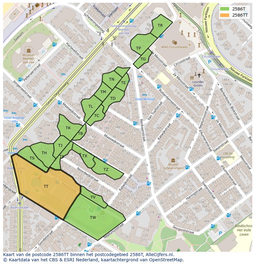 Afbeelding van het postcodegebied 2586 TT op de kaart.