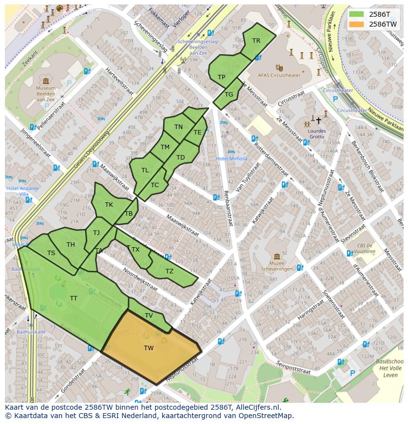Afbeelding van het postcodegebied 2586 TW op de kaart.