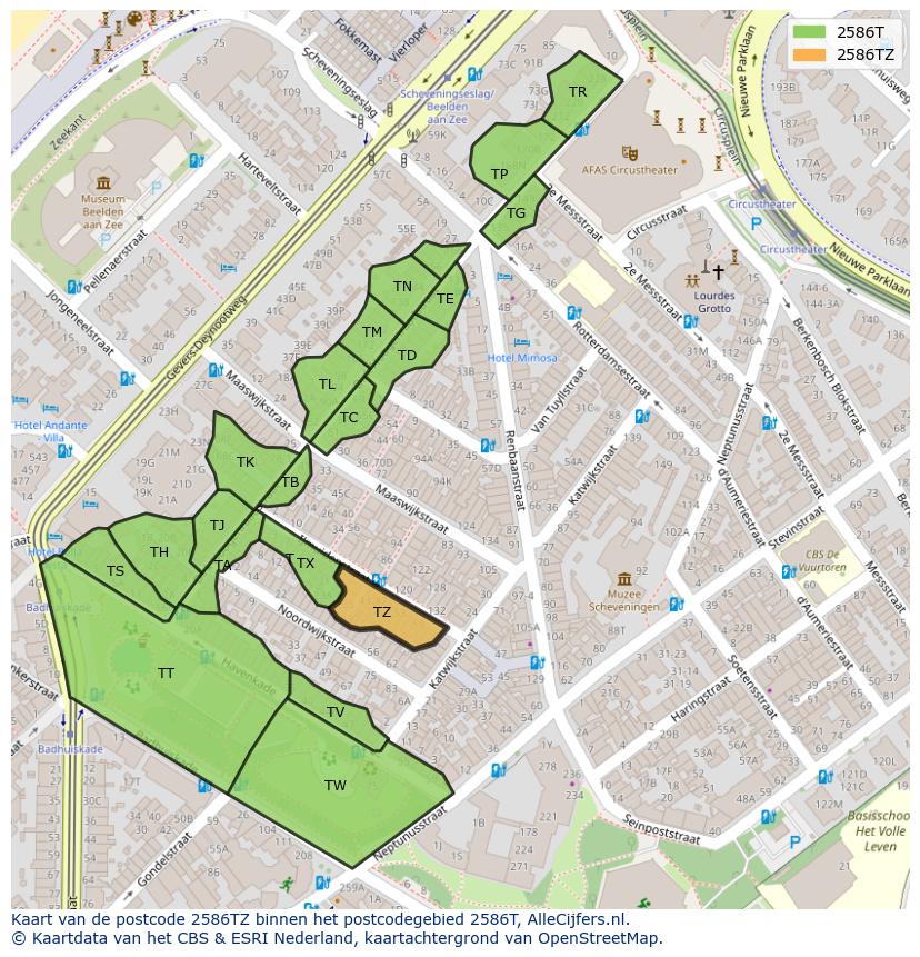 Afbeelding van het postcodegebied 2586 TZ op de kaart.