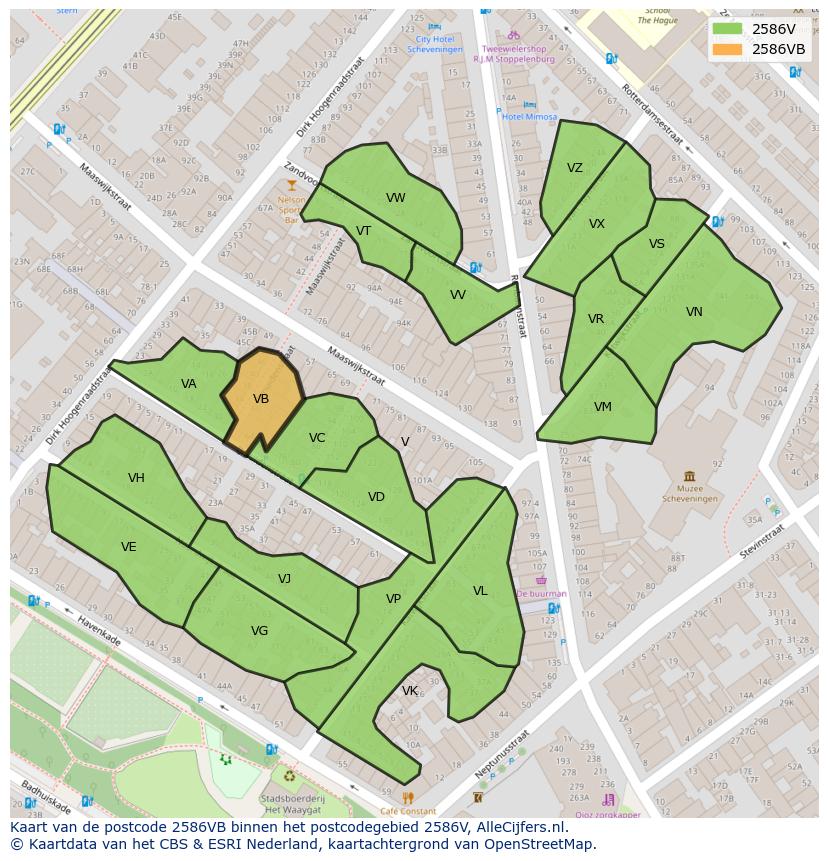 Afbeelding van het postcodegebied 2586 VB op de kaart.