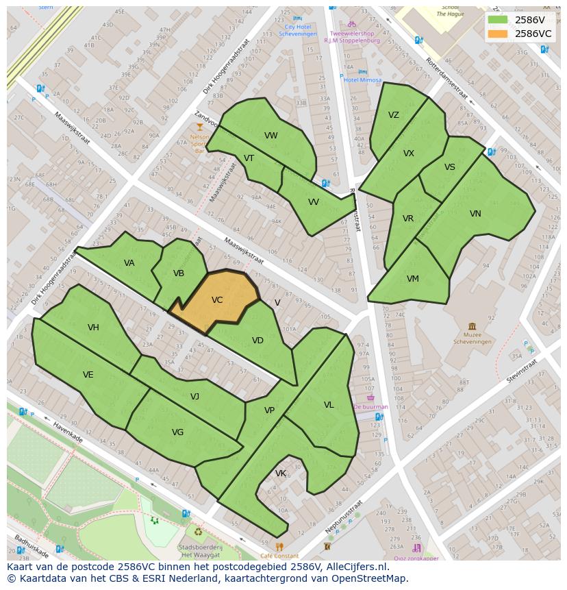 Afbeelding van het postcodegebied 2586 VC op de kaart.