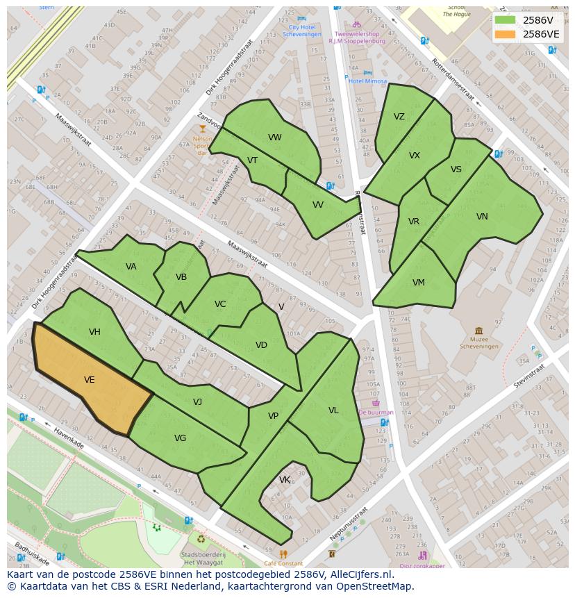 Afbeelding van het postcodegebied 2586 VE op de kaart.
