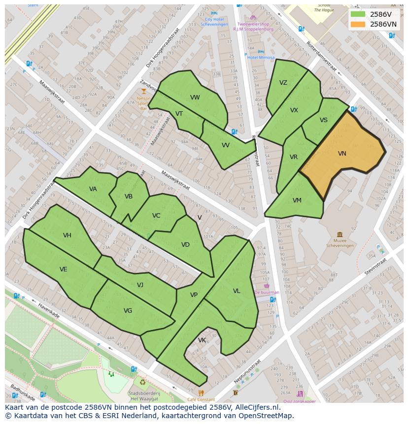 Afbeelding van het postcodegebied 2586 VN op de kaart.