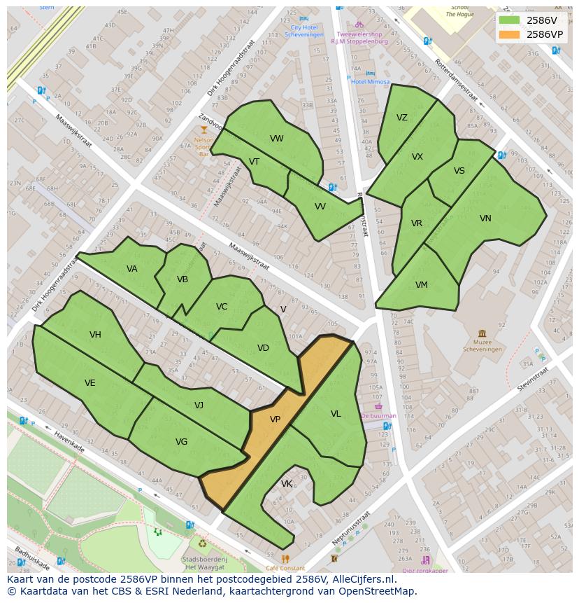 Afbeelding van het postcodegebied 2586 VP op de kaart.