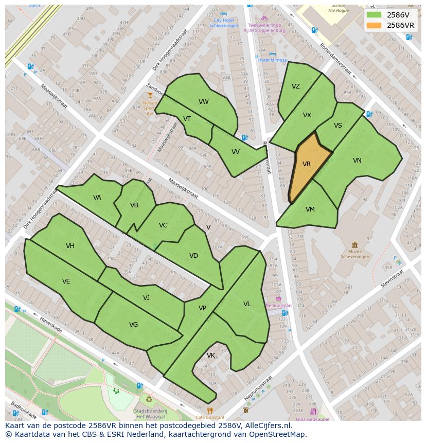 Afbeelding van het postcodegebied 2586 VR op de kaart.