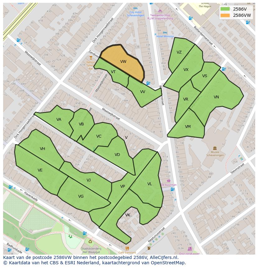 Afbeelding van het postcodegebied 2586 VW op de kaart.