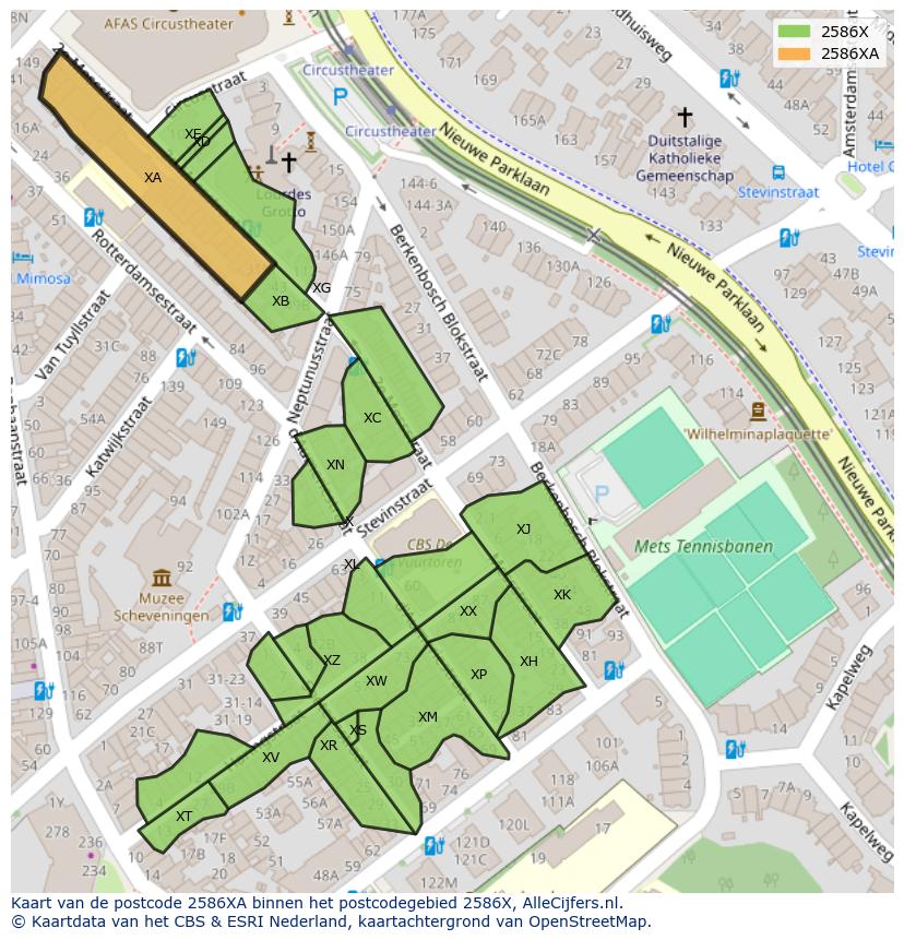 Afbeelding van het postcodegebied 2586 XA op de kaart.