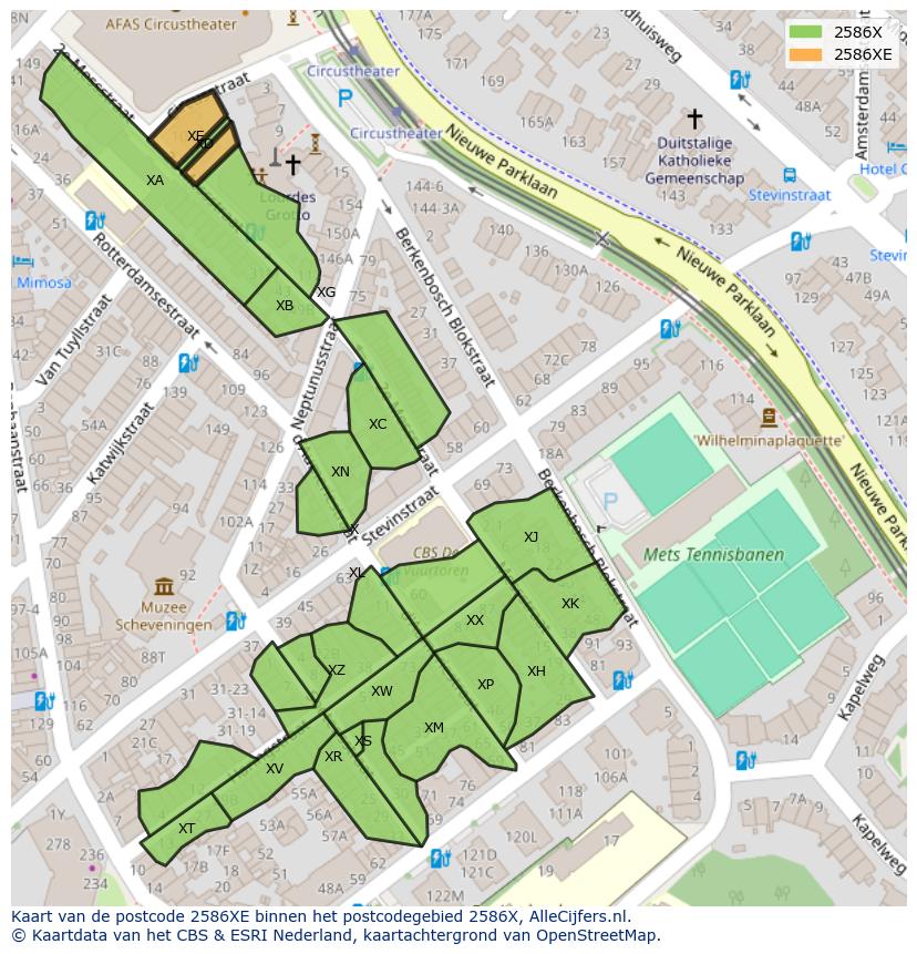 Afbeelding van het postcodegebied 2586 XE op de kaart.