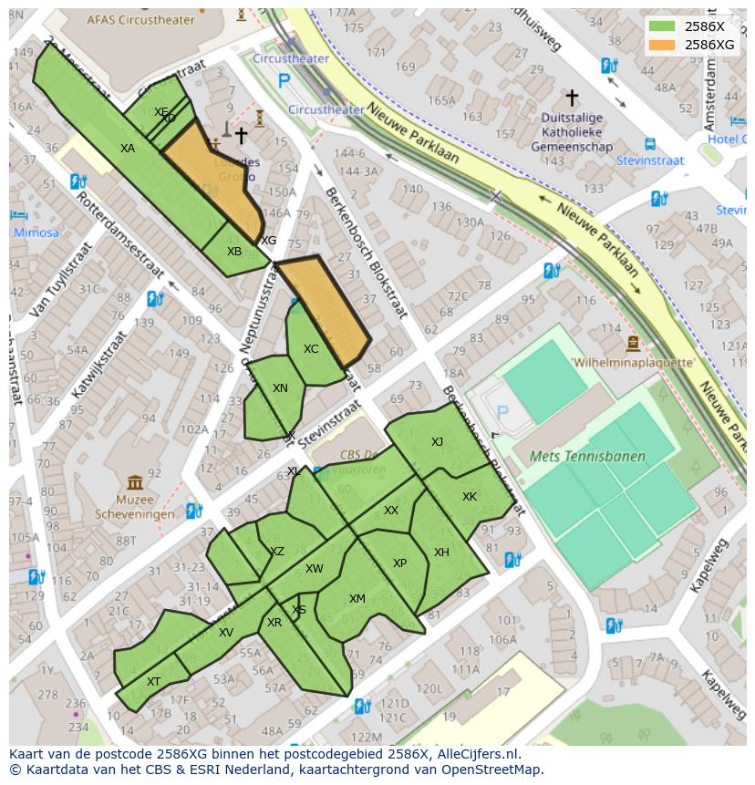 Afbeelding van het postcodegebied 2586 XG op de kaart.