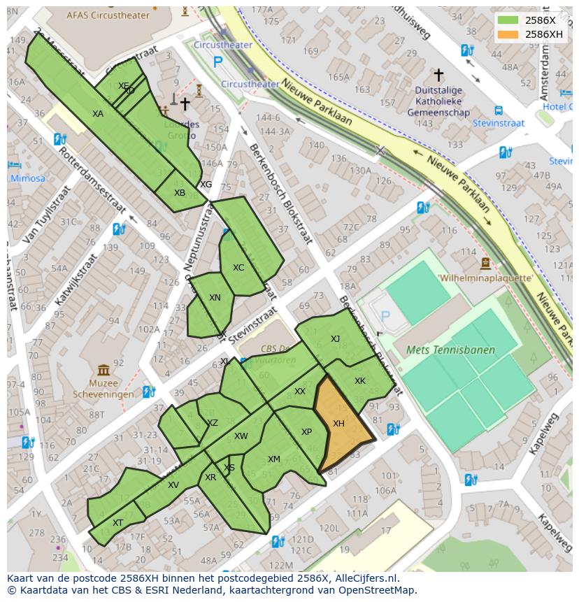 Afbeelding van het postcodegebied 2586 XH op de kaart.