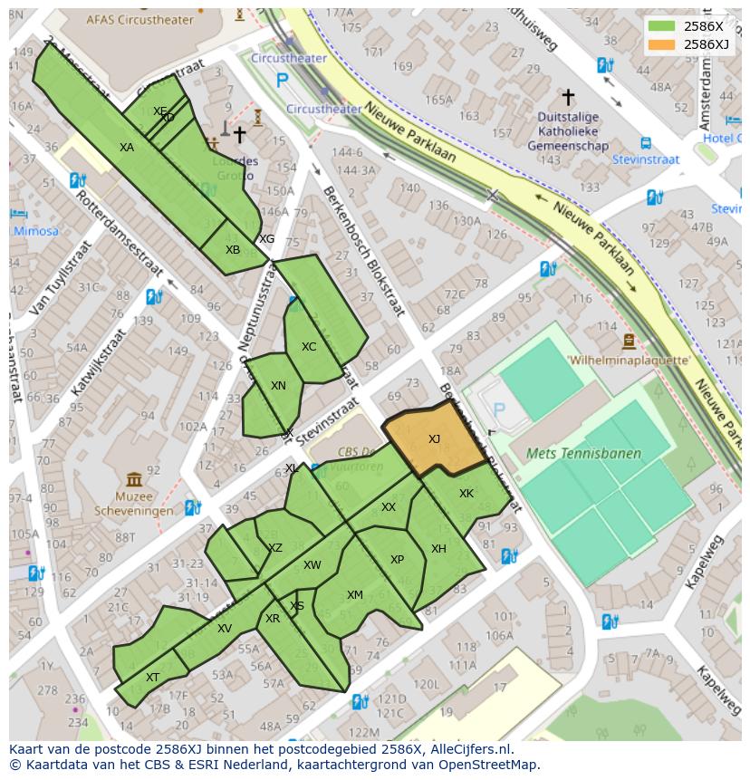 Afbeelding van het postcodegebied 2586 XJ op de kaart.