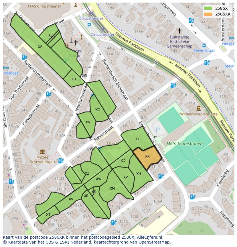 Afbeelding van het postcodegebied 2586 XK op de kaart.