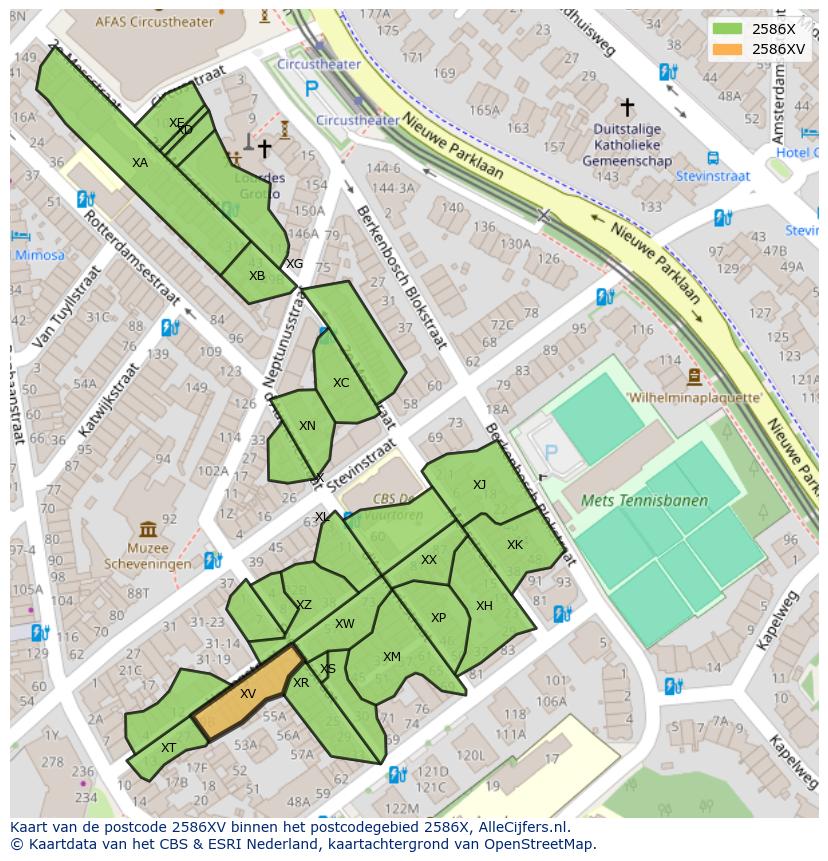 Afbeelding van het postcodegebied 2586 XV op de kaart.
