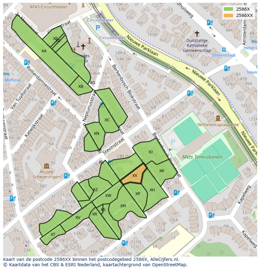 Afbeelding van het postcodegebied 2586 XX op de kaart.