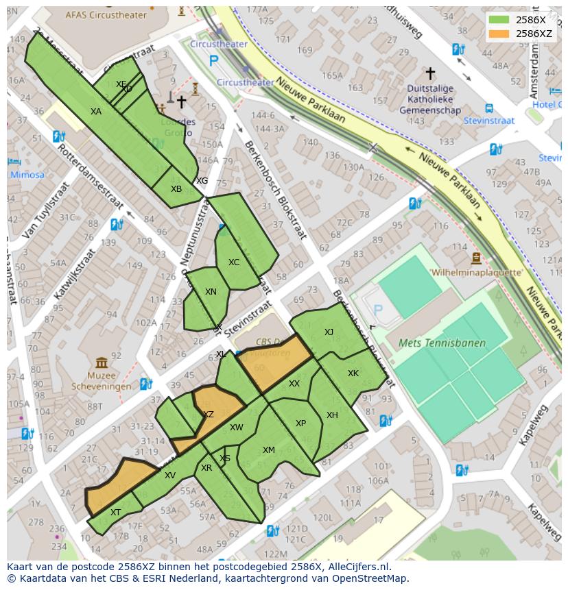Afbeelding van het postcodegebied 2586 XZ op de kaart.