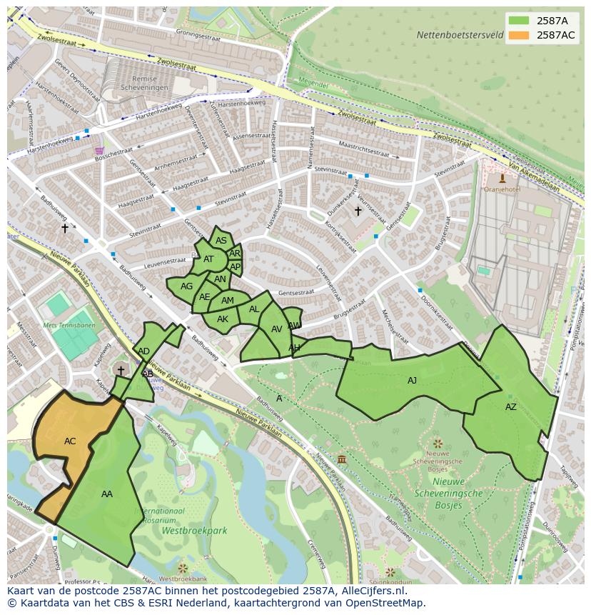 Afbeelding van het postcodegebied 2587 AC op de kaart.