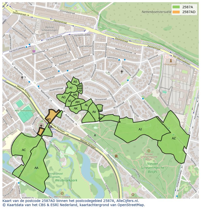 Afbeelding van het postcodegebied 2587 AD op de kaart.