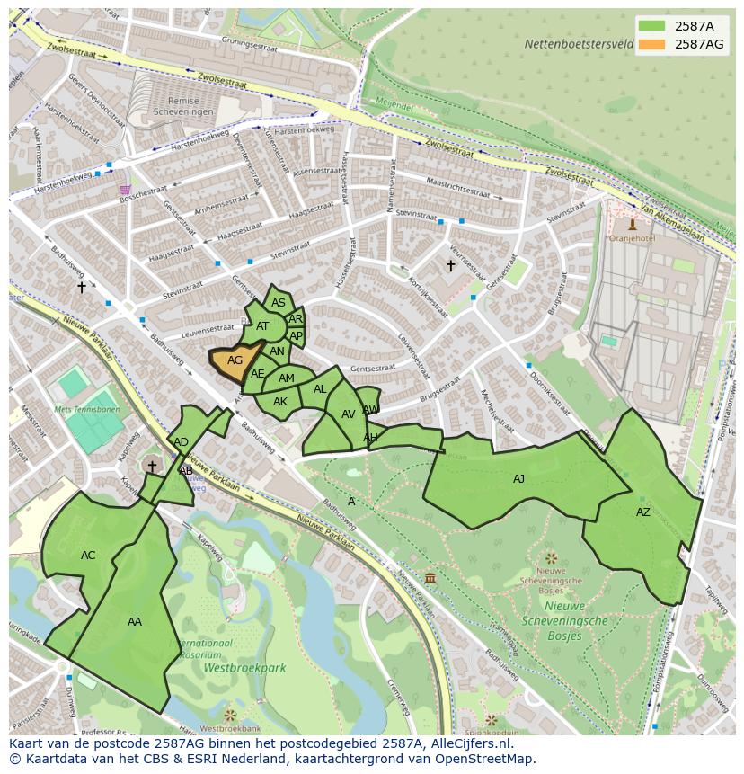 Afbeelding van het postcodegebied 2587 AG op de kaart.