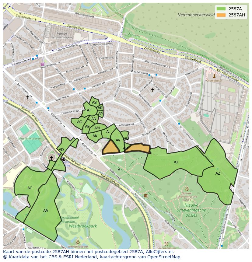 Afbeelding van het postcodegebied 2587 AH op de kaart.