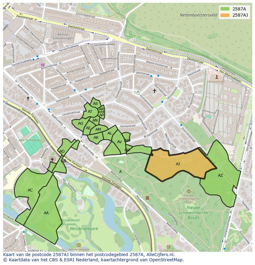 Afbeelding van het postcodegebied 2587 AJ op de kaart.