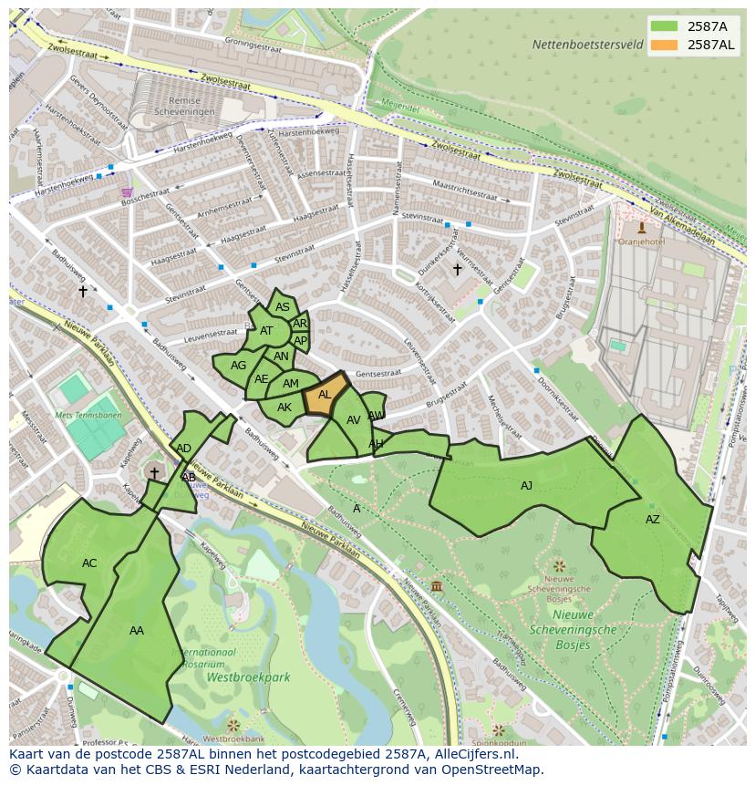 Afbeelding van het postcodegebied 2587 AL op de kaart.