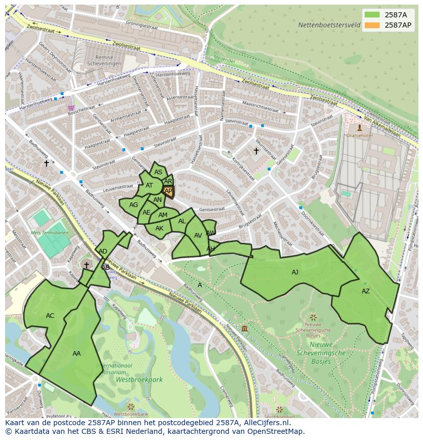 Afbeelding van het postcodegebied 2587 AP op de kaart.