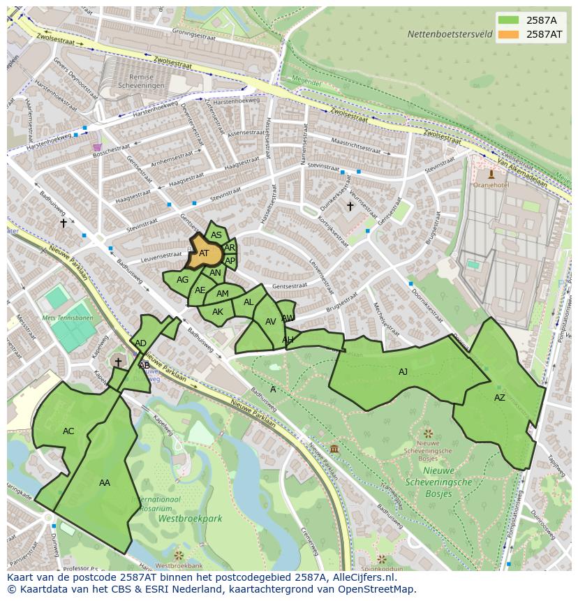 Afbeelding van het postcodegebied 2587 AT op de kaart.