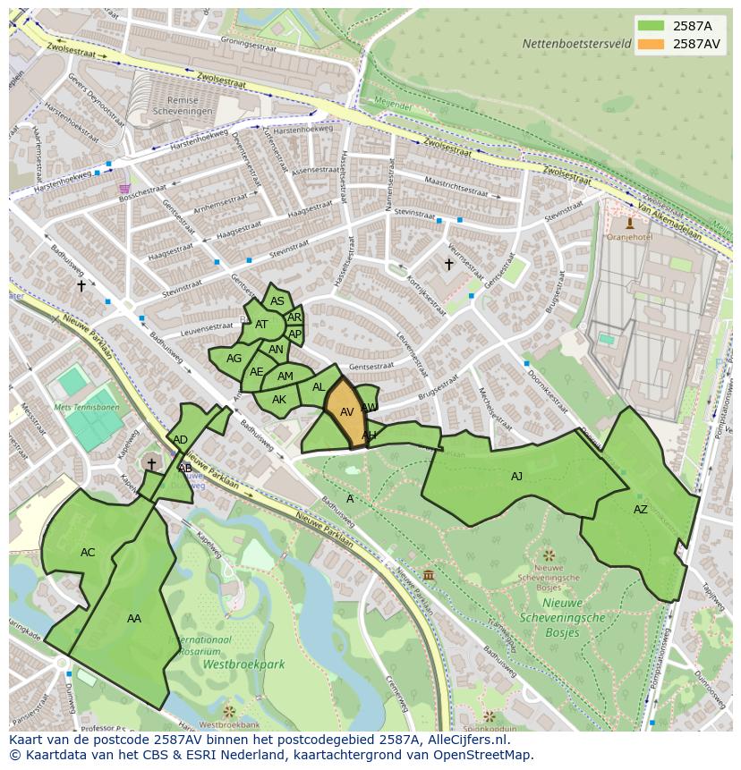 Afbeelding van het postcodegebied 2587 AV op de kaart.