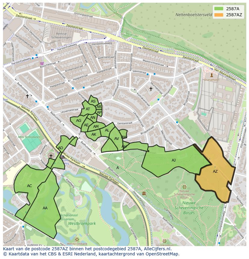 Afbeelding van het postcodegebied 2587 AZ op de kaart.