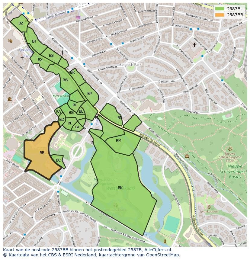 Afbeelding van het postcodegebied 2587 BB op de kaart.