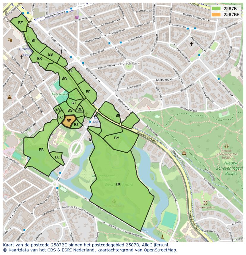 Afbeelding van het postcodegebied 2587 BE op de kaart.