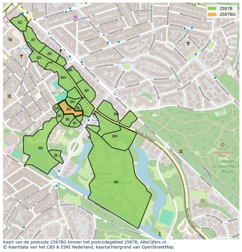 Afbeelding van het postcodegebied 2587 BG op de kaart.