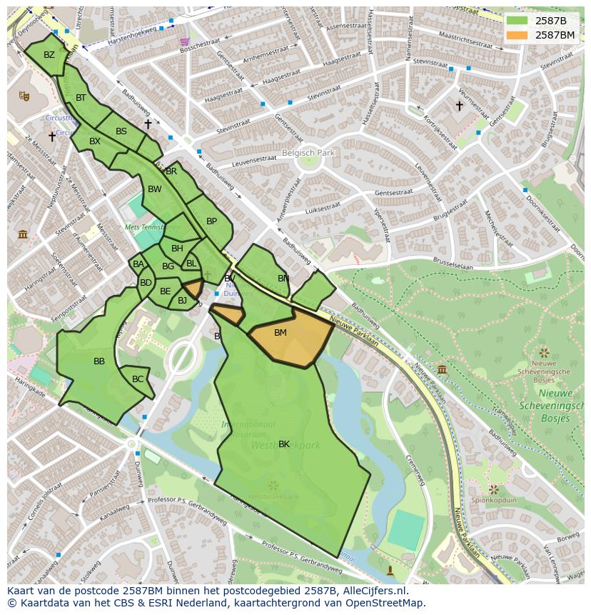 Afbeelding van het postcodegebied 2587 BM op de kaart.