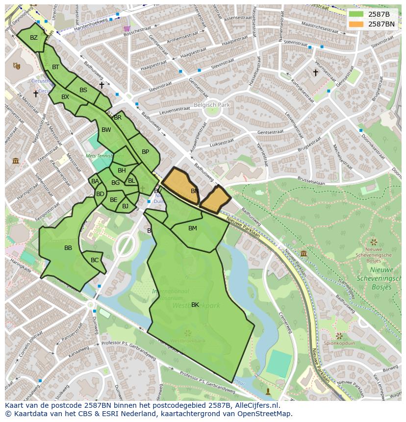 Afbeelding van het postcodegebied 2587 BN op de kaart.