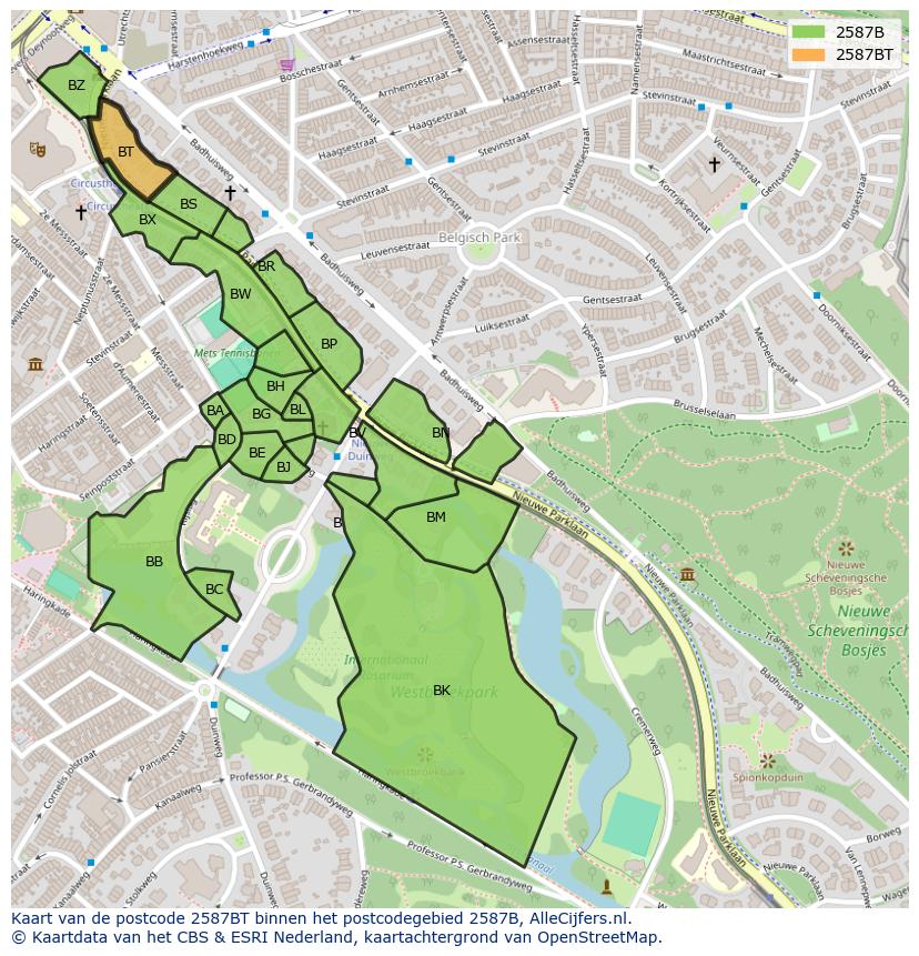 Afbeelding van het postcodegebied 2587 BT op de kaart.