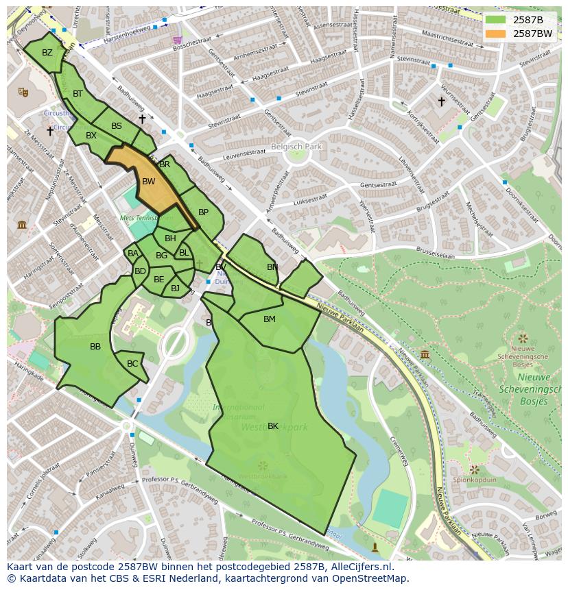 Afbeelding van het postcodegebied 2587 BW op de kaart.