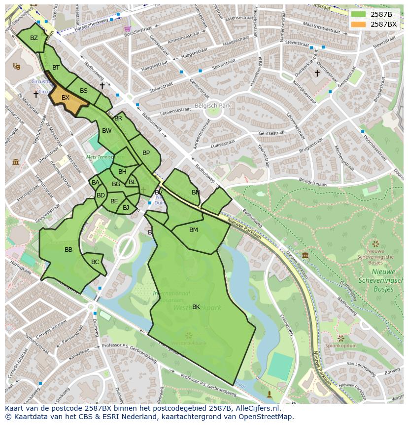 Afbeelding van het postcodegebied 2587 BX op de kaart.