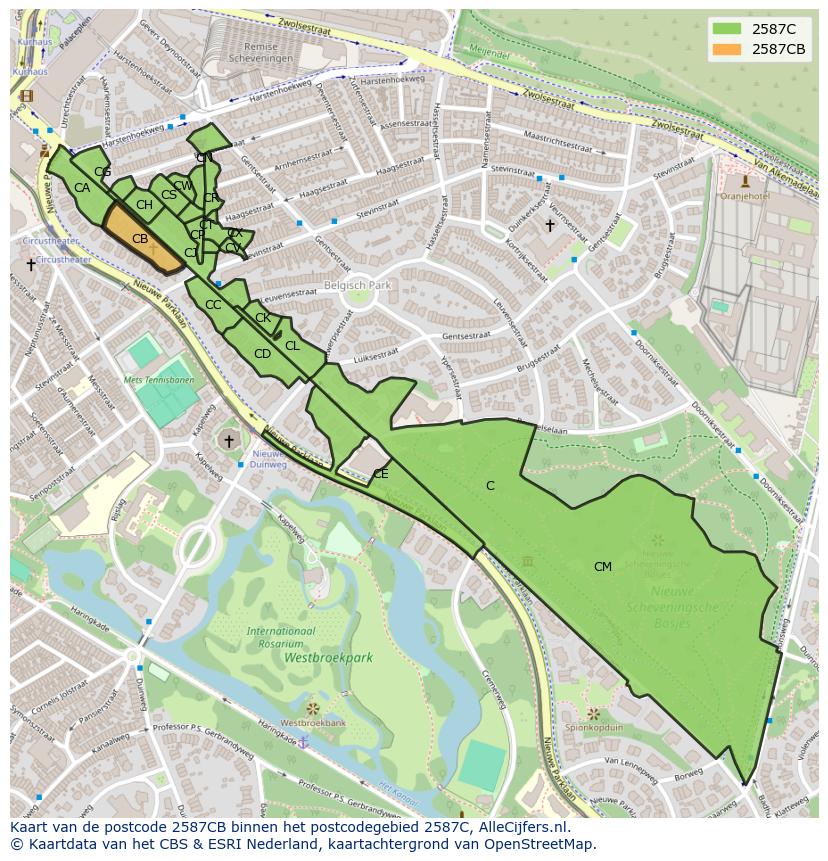 Afbeelding van het postcodegebied 2587 CB op de kaart.