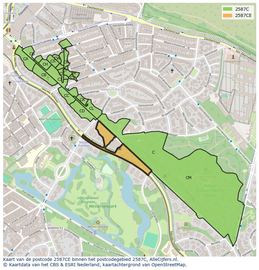 Afbeelding van het postcodegebied 2587 CE op de kaart.