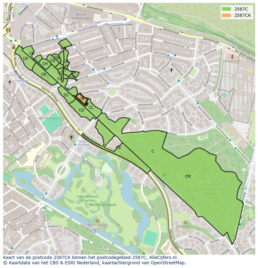 Afbeelding van het postcodegebied 2587 CK op de kaart.