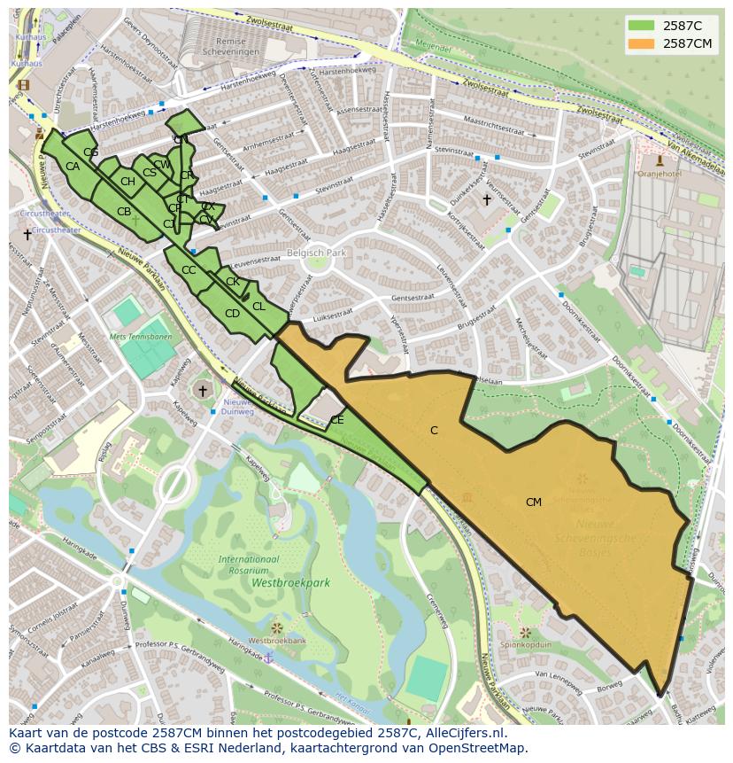 Afbeelding van het postcodegebied 2587 CM op de kaart.