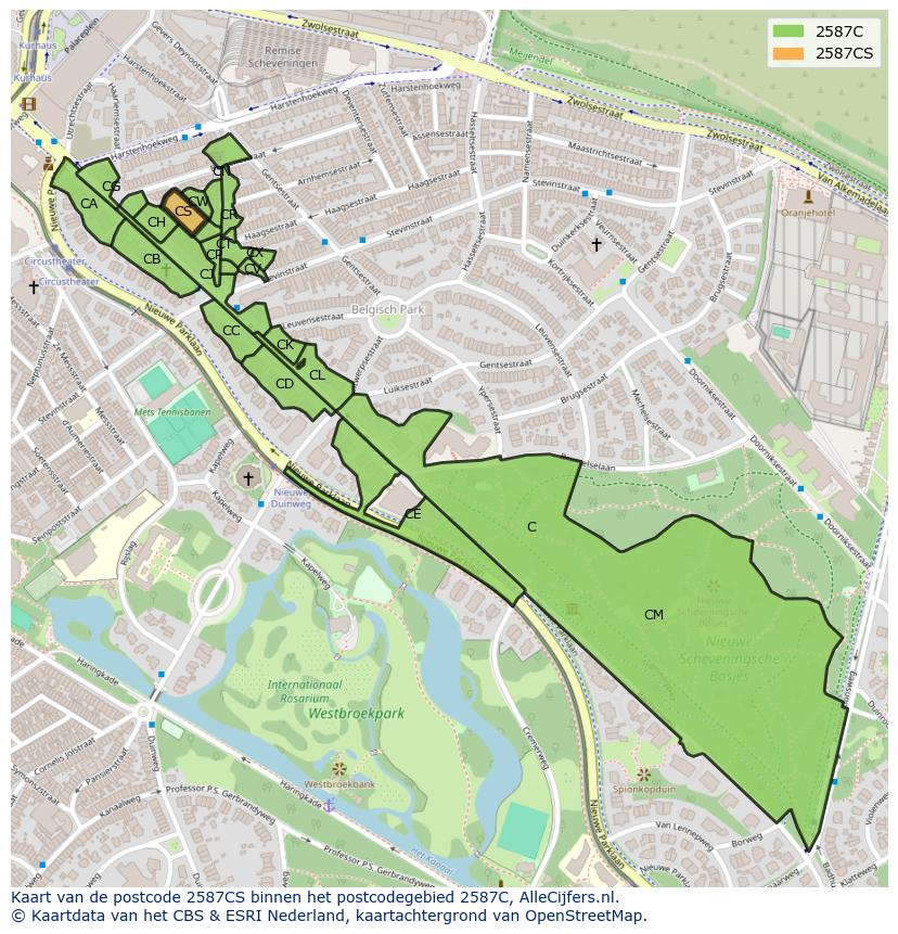 Afbeelding van het postcodegebied 2587 CS op de kaart.