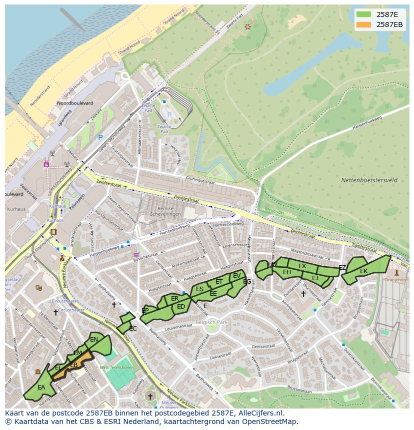 Afbeelding van het postcodegebied 2587 EB op de kaart.