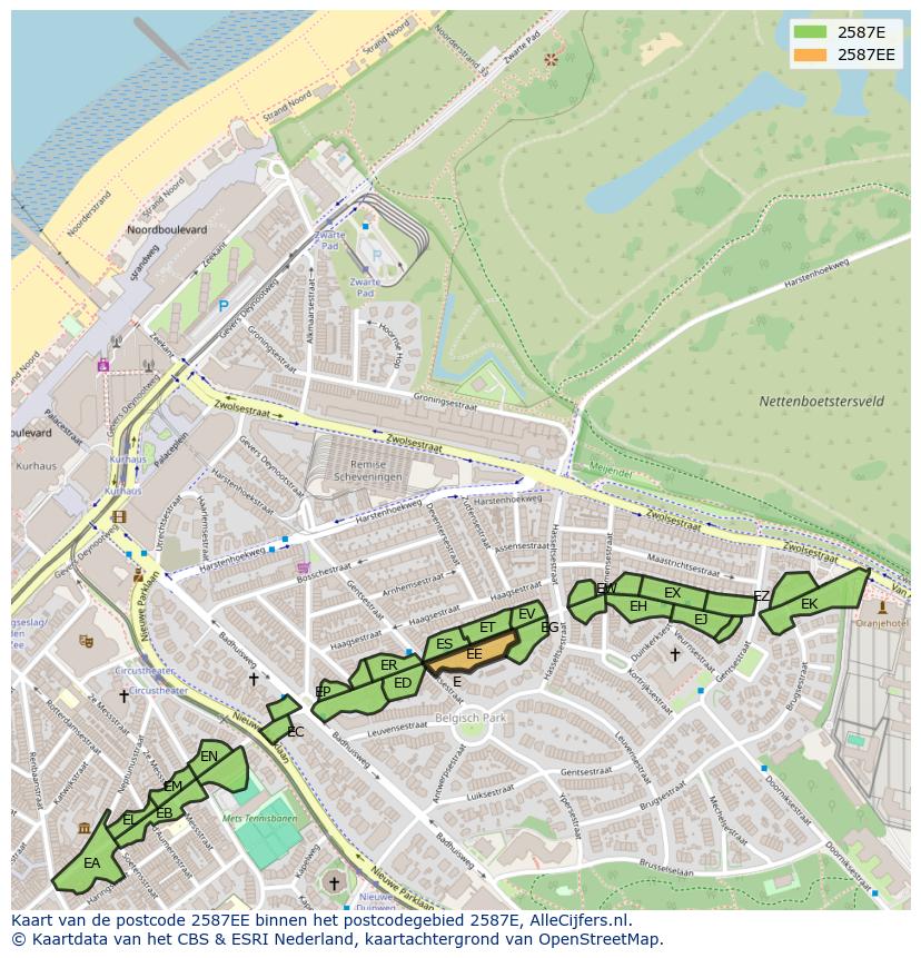 Afbeelding van het postcodegebied 2587 EE op de kaart.