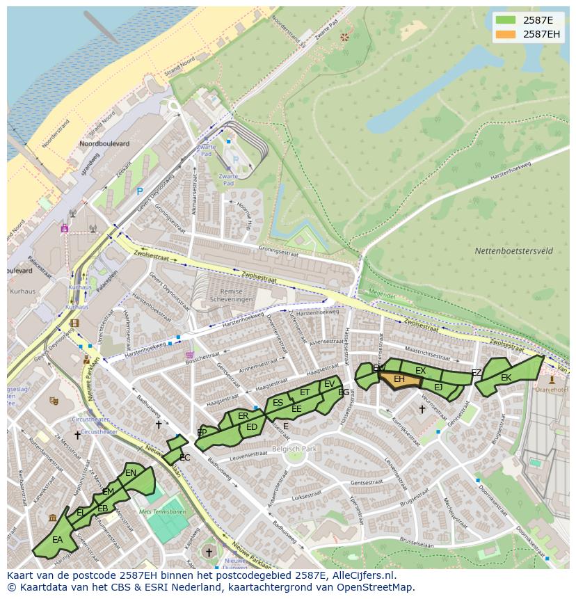 Afbeelding van het postcodegebied 2587 EH op de kaart.