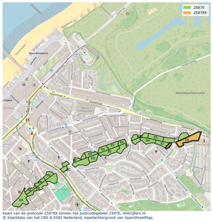Afbeelding van het postcodegebied 2587 EK op de kaart.