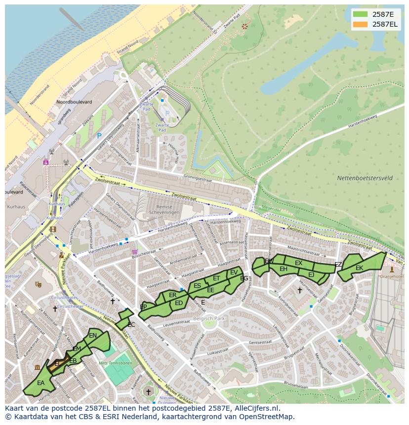 Afbeelding van het postcodegebied 2587 EL op de kaart.