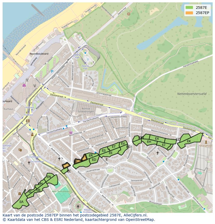 Afbeelding van het postcodegebied 2587 EP op de kaart.