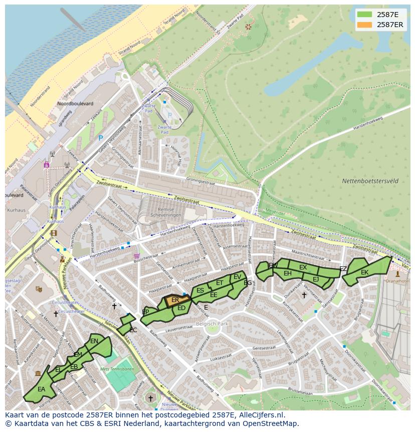 Afbeelding van het postcodegebied 2587 ER op de kaart.
