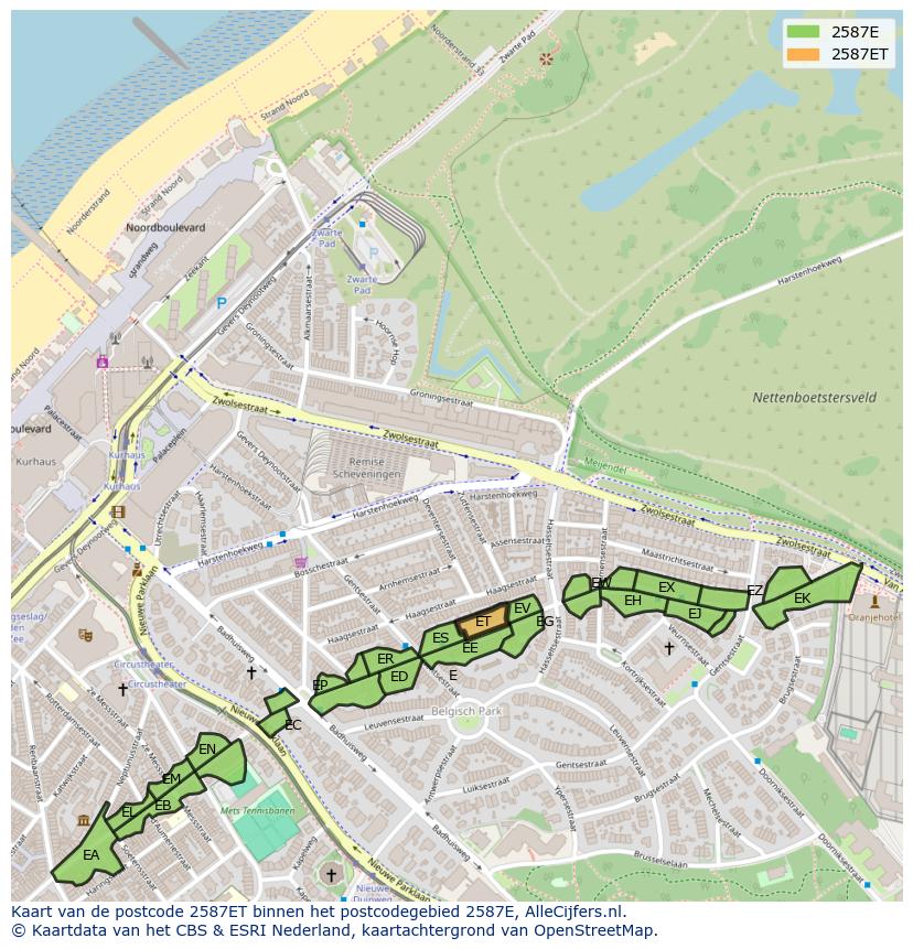 Afbeelding van het postcodegebied 2587 ET op de kaart.